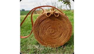 rattan hand woven ata handbag full handmade circle short handle leather
